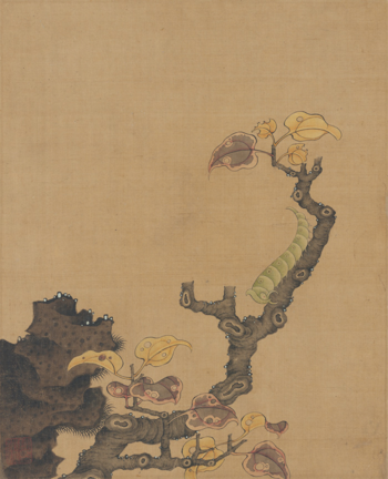 陈洪绶《四时花鸟册页（十开）——绿虫》，绢本设色，28.5×23cm，明代.png