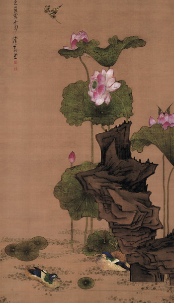 陈洪绶《荷花鸳鸯图》，绢本设色，184×99cm，明代.png