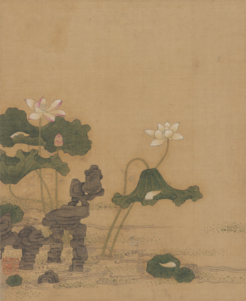陈洪绶《四时花鸟册页（十开）——荷花》，绢本设色，28.5×23cm，明代.png