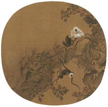 佚名《猿猴摘果图》，绢本设色，25×25cm，宋代.png