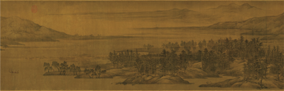 董源《夏景山口待渡图》，绢本水墨淡设色，320×50cm，五代，辽宁省博物馆1.png