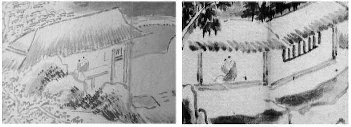 图八 舒坐窗下的人物 局部(从左往右)分别为《千峰寒色山水诗文册页》第十八开(云南省博物馆院藏)、《山 水册页》第四开(故宫博物院藏)，采自《担当书画全集》第 113、121 页