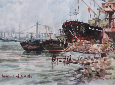 建设中的长江大桥（尺寸39x54cm）2019年.jpg